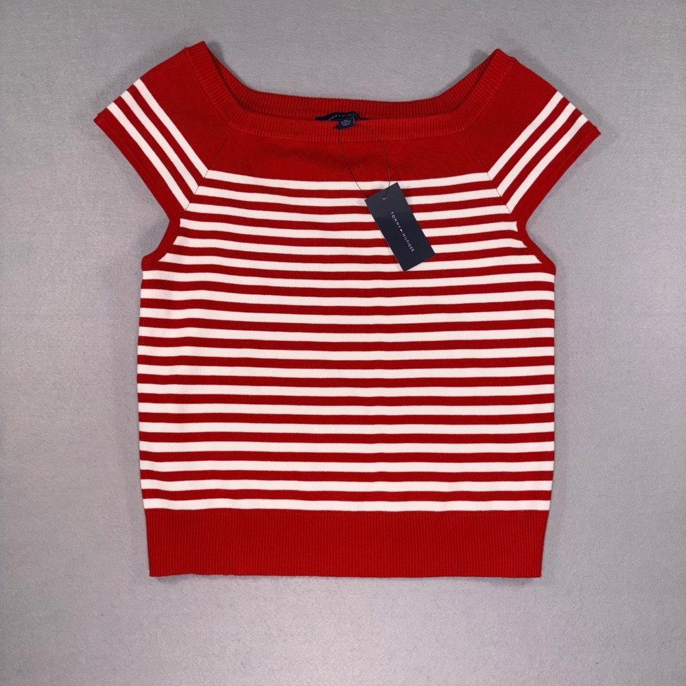 Tommy Hilfiger Womens XL Red White Striped Boat Neck Preppy Knit Top NWT